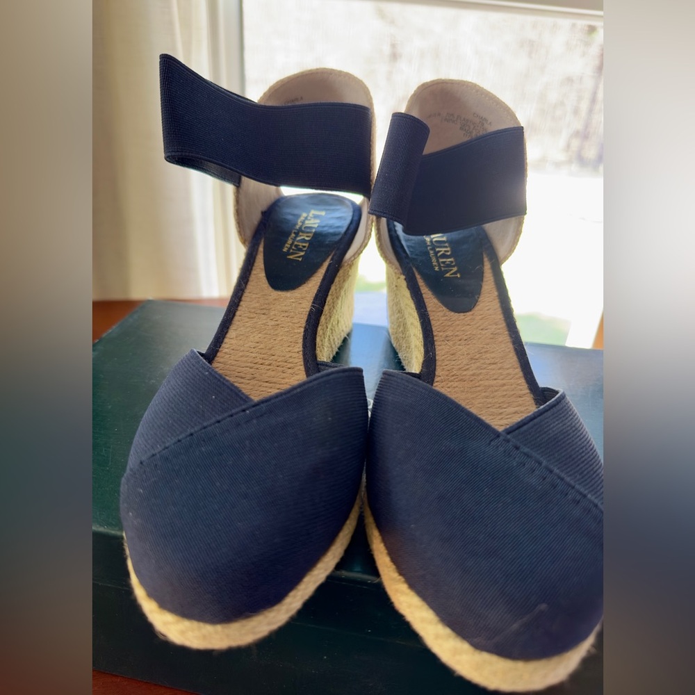 Ralph Lauren Charla Navy Canvas Espadrille Wedge Sandals w/ Elastic Ankle Strap